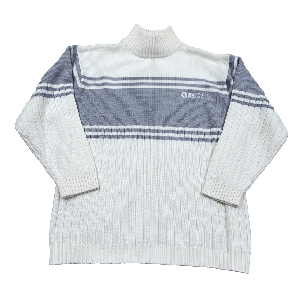 Vintage Y2K South Pole Sweater Men Large White Knit Crewneck Grandpa Colorblock